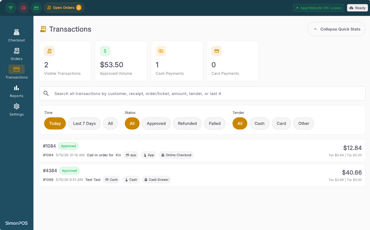 SimonPOS transactions screen
